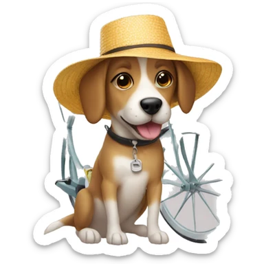 Dog wearing a sun hat on a miter cycle sticker