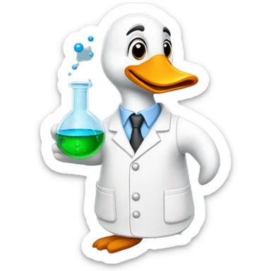 Goose wearing chemistry lab coat and has flask with chemicals sticker