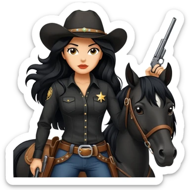 confident hot tanned woman with long black hair cowgirl style wearing black outfit with gun and horse sticker