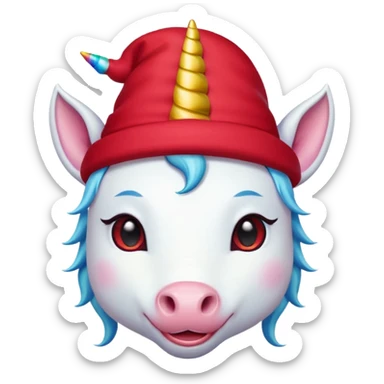 unicorn face cute wearing cute red hat, horn piercing through the hat looking in the camera sticker