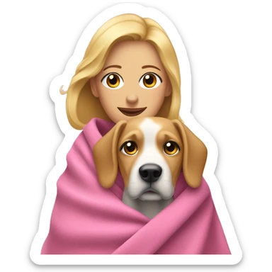 blonde woman wrapped in pink blanket with hound dog sticker