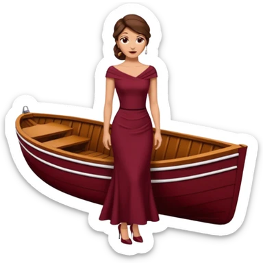 Chica blanca ,ojos marrones, vestido granate ajustado largo, escote barco cuerpo entero ,pelo muy largo y recogido zapatos tacón sticker