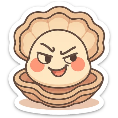 Enhance the cute oyster with more pastel toon details, accentuate the cream and greige effect, add more depth to the shell, soften and brighten the red cheeks, keep the mischievous expression, and maintain a transparent background. sticker