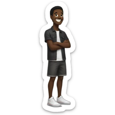 dark-skinned man, with black hair and brown eyes, dressed in a skater style dress of the brand vans laughing sticker