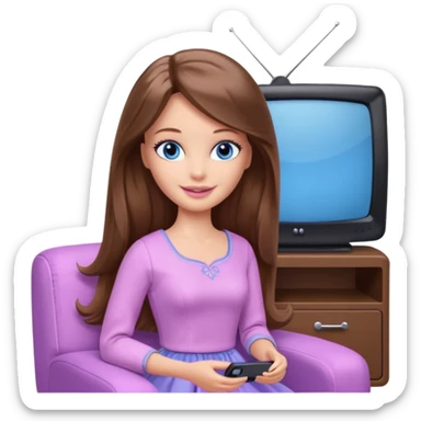 beautiful barbie girl with long brown hair, blue eyes and wearing light purple clothes watching tv sticker