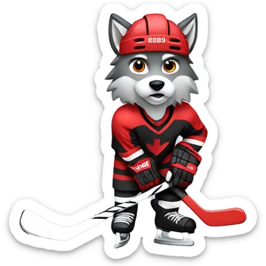 A wolf in a red black and white hockey uniform with a wolf emblem is playing hockey sticker