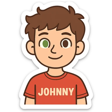 flat toon style Johnny with brown semi-fluffy hair, one green eye and one brown eye sticker