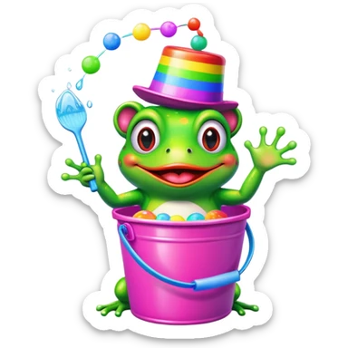 clown frog pepe with a rainbow bucket, pink background sticker