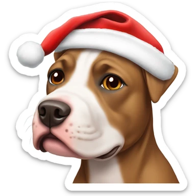 Mostly brown with some white pit bull dog with Santa hat sticker