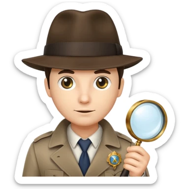 a detective with a hat, a magnifying glass and a badge sticker