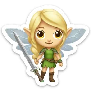 Female forest fairy, wings, pointed elf ears, blonde hair, vines, holding medieval sword sticker