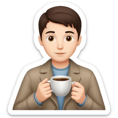 brunette boy with coffee sticker