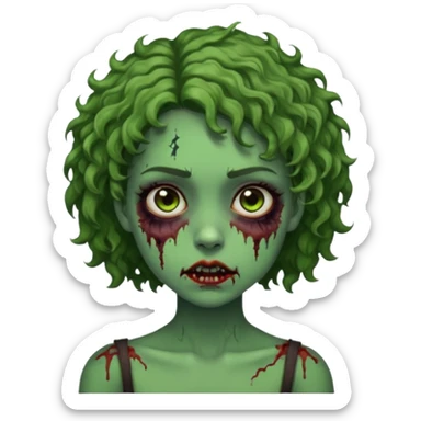 Garota, cabelos cacheados curtos na medida dos ombros, pele verde, olhos castanhos escuros, machucados pelo corpo, remetendo a um zumbi sticker
