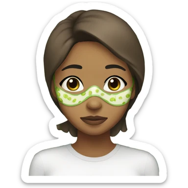 Girl with freackles Brown hair and white skin wears skin care mask Thats Green and pickle on her closed eyes sticker