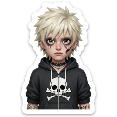 boy zombie spiky long platinum gold hair, hoodie zip is vignette skull wear piercings tatto "hope" sticker