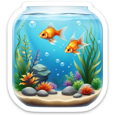 Large aquarium fish like veil tails and lionhead goldfish swimming gracefully in a beautifully decorated aquarium. Colorful aquatic plants, smooth rocks, and gentle bubbles surround the fish. The water shimmers in sunlight, creating a peaceful and vibrant underwater scene. Transparent background. sticker
