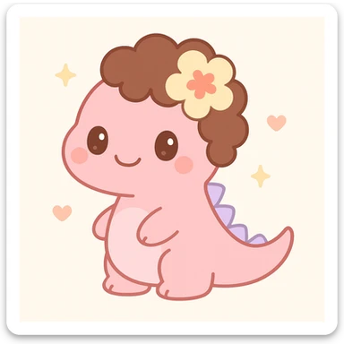 pink dinosaur with brown curly hair, a Hawaiian flower in her hair, and brown eyes, cute cartoon style sticker