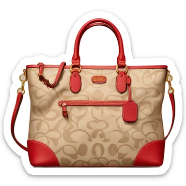 Beige Designer Coach bag with red monogram and beige trim sticker