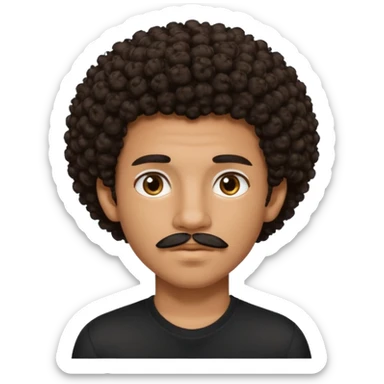 teen-boy, Afro curly dark brown hair, brown eyes, black shirt, thin trimmed mustache, not bushy or thick  sticker