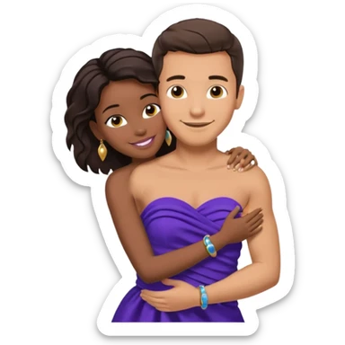 Tan brunette European male in blue shirt smiling and hugging a jet black African girl in purple strapless dress and blue jewelry sticker