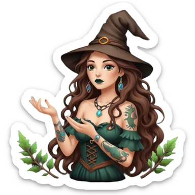 forest witch woman long wavy brown hair tattoos blowing moon dust sticker