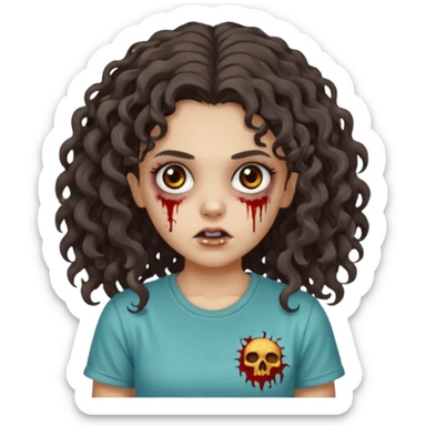 zombie girl with curly hair n brown eyes, dark and long hair 3a with wavy scalp, just a tshirt sticker
