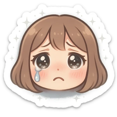 crying anime girl emoji, glossy eyes, one tear, pink cheeks, pastel blue-gray background with sparkles, soft, emotional, sensitive style sticker