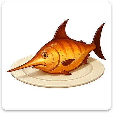 Add a prominent sword-like bill to the cooked swordfish on a plate, emoji style. Keep the cooked look, no garnish. sticker