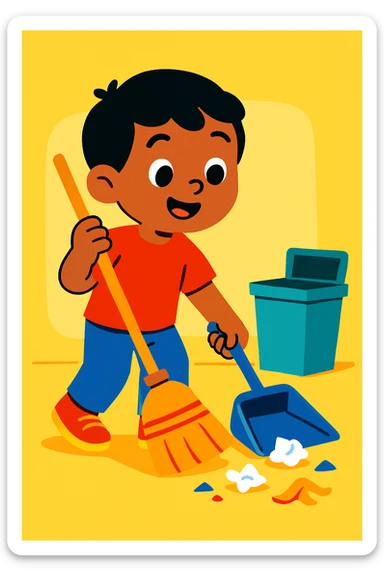 a child helping to clean up, etiquette theme, vibrant toon style sticker