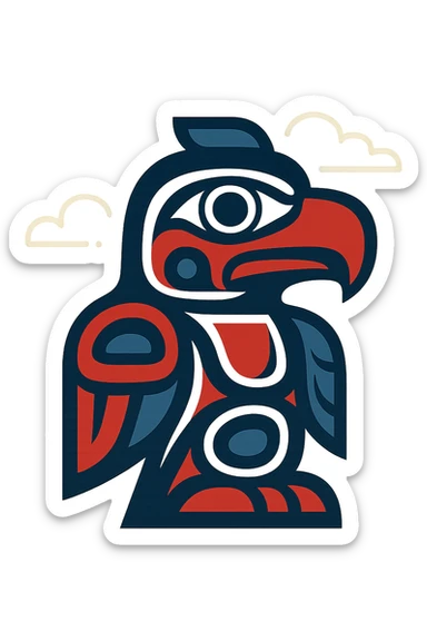 bold modern logo representing Totemism inspired by Pacific Northwest Native American totem poles, stylized abstract eagle head with geometric and organic motifs, limited color palette of red black white and blue, clean iconic easily recognizable design reflecting indigenous artistry and spiritual symbolism sticker