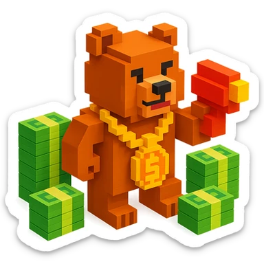 Russian grizzly bear with a rapper chain and a money gun, surrounded by stacks of money sticker