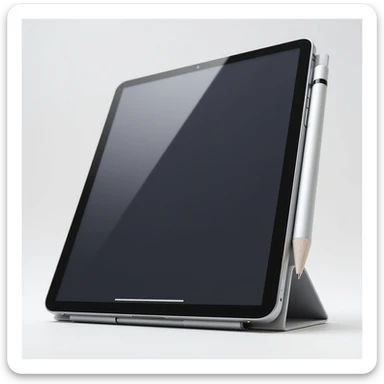 an iPad Pro with Apple Pencil, realistic style, angled view, detailed, photorealistic, modern device, screen reflection, metallic edges sticker
