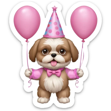 cute shih tzu hold a few pink balloons  in both arms with pink birthday hat sticker