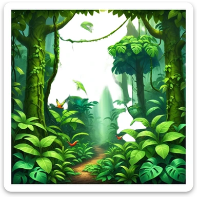 Cinematic Realistic Rainforest Emoji in a wooden frame, Lush and vibrant, filled with towering trees, thick vines, and dense green foliage, sunlight filtering through the canopy above, creating dappled patches of light on the rich, diverse undergrowth. The air is heavy with moisture, with mist rising from the forest floor and distant calls of exotic birds and animals echoing through the trees. Soft glowing outline, capturing the essence of a thriving, untamed tropical paradise filled with life! sticker