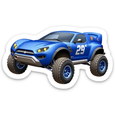 Satan’s Dirty and dented Midnight-blue Local Motors Rally Fighter off road race car flying jumping over a dirt ramp (silver wheels) sticker