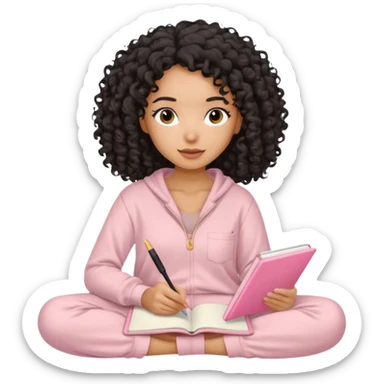 Mixed-race woman with caramel skin, black curly hair loose, wearing beige loungewear, journaling in a pastel pink notebook sticker