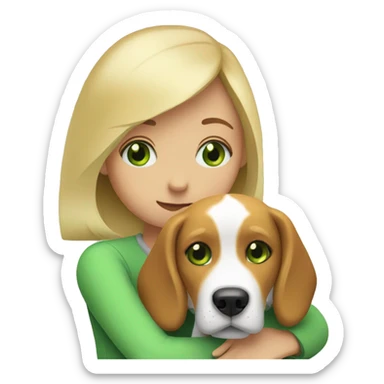 A blonde girl with green eyes hugs a beagle sticker