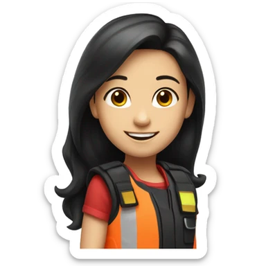 smiling girl with long black hair in red safety vest sticker