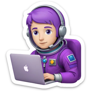 30yr dude astronaut with purple suit, blue eyes, short purple hair and one macbook sticker