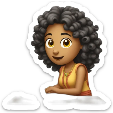 A curly indian lady learning about morgages on a laptop sticker