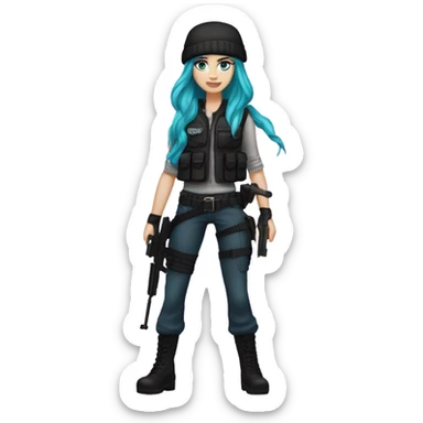 Girl, white skin, tactical vest, dark pants, long teal hair, blue eyes, black purple beanie hat, gun, black combat boots sticker