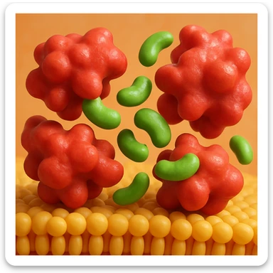 A realistic 3D render and really detailed of enzymes (red) breaking down starch (green) near a cell membrane (yellow). Macro photography style. No labels. sticker