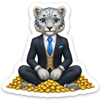 muscular snow leopard in black suit with blue tie sitting on pile of gold nuggets sticker