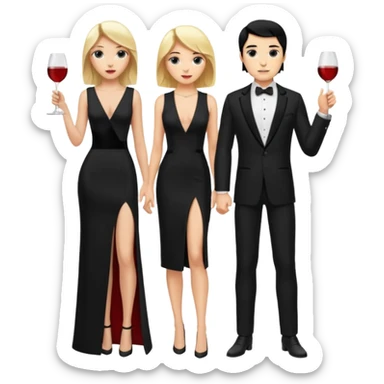 Blonde woman, black, Long, tight, sleveless Dress, Slot left Leg, man, black Hair, in Dinner jacket sticker