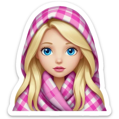 A beautiful blonde girl with long hair, blue eyes, pink lips is wrapped in a plaid with her head sticker