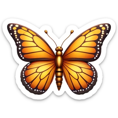 Cinematic Realistic Cute monarch Butterfly Portrait Emoji, Head tilted playfully and inquisitively, featuring vibrantly patterned ruby wings with intricate detailing and a charming, petite body with round, sparkling eyes full of warm curiosity, rendered with lifelike precision and natural highlights, high shine, affectionate and spirited, styled with a touch of whimsical garden delight, soft glowing outline, capturing the essence of a mischievous yet lovable monarch butterfly that seems poised to flutter playfully into your arms! sticker