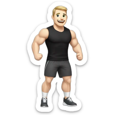 Joyful Celebrating victory Pale skinned Fit Man With the biceps and dark brown hair in black shirt, gray sports shorts and white Sneakers sticker
