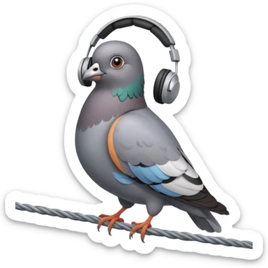 a pigeon perched on a wire, with a headset and earpiece, looking around suspiciously sticker
