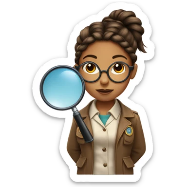 girl detective with brown braided ponytails, glasses and a magnifying glass sticker