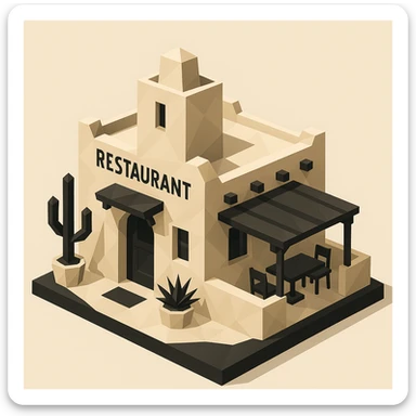 isometric exterior of a southwestern restaurant, black, beige, and white color palette, dollhouse style, low-poly polygonal 3D look sticker